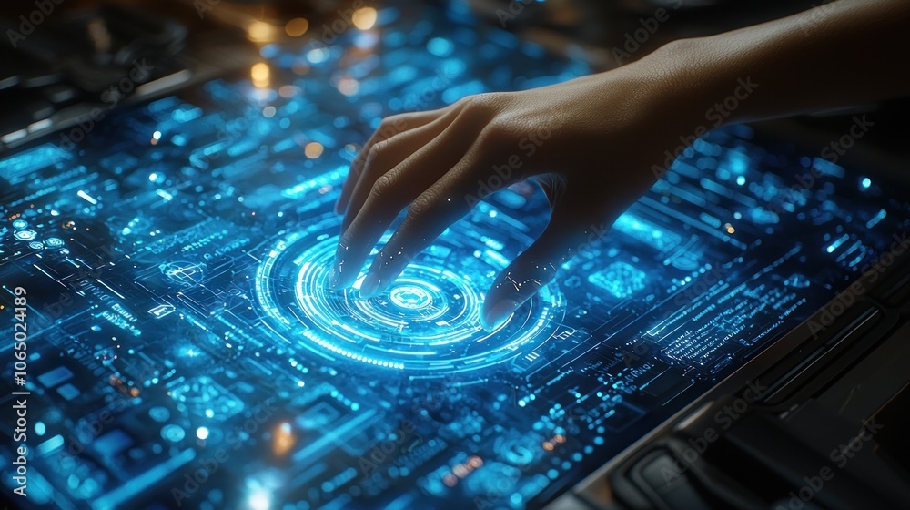 Poster a hand interacting with a futuristic interface
