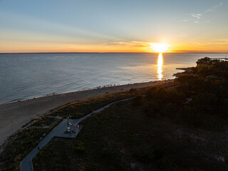 Hel beach in Poland. Sunset at sea and bay, Poland.Hel city. Aerial view of Hel Peninsula in...