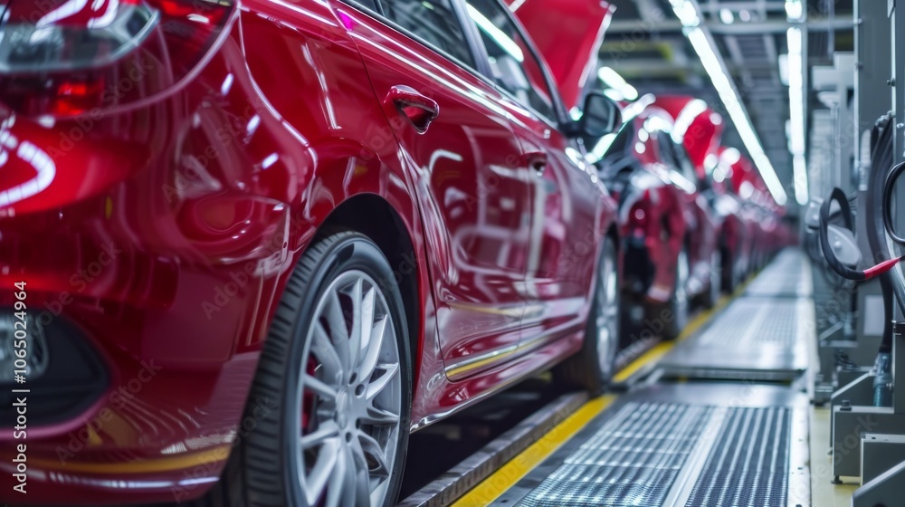 Poster a state-of-the-art car manufacturing line showcasing a series of red vehicles in various stages of a
