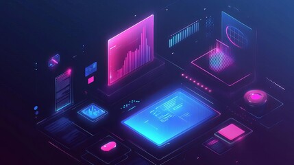 Digital branding guide with holographic elements, animated style, neon blue and pink, futuristic and sleek