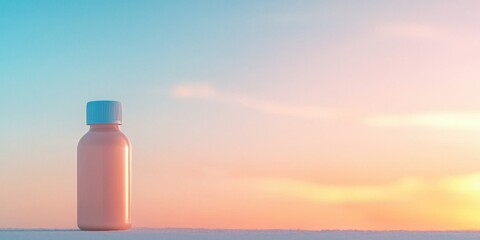 Isolated pink bottle with blue cap on soft pastel background