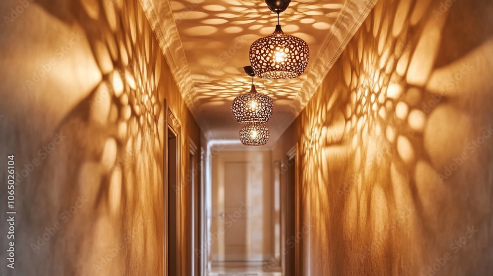 Poster a hallway with three pendant lights casting intricate shadows on the walls.