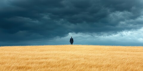 Fototapeta premium Lonely figure standing in a vast golden field under dramatic stormy clouds.