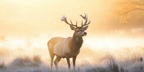 Majestic stag standing in misty field during sunrise, enchanting nature scene.