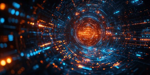 Fototapeta premium Abstract Digital Tunnel with Orange and Blue Glowing Lights