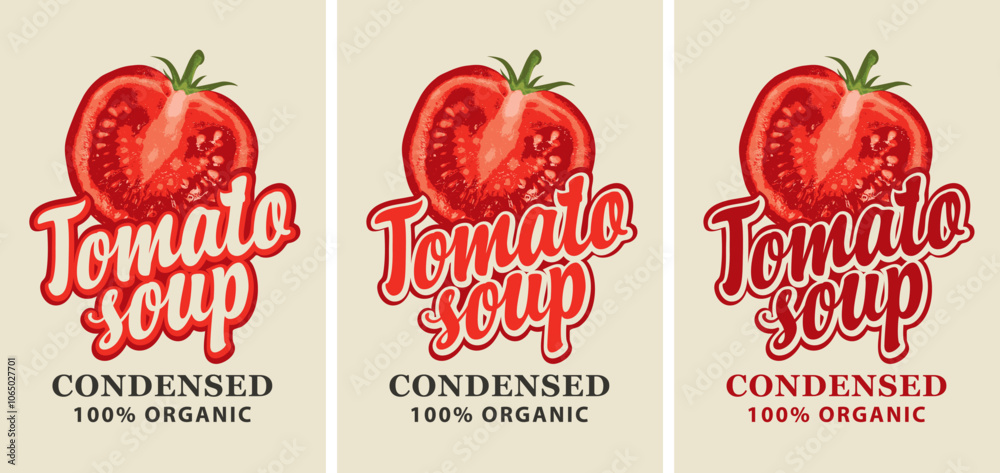 Wall mural Labels for a condensed tomato soup in retro style. Set of vector labels or banners for organic tomato soup with the image of a cut half tomato and inscriptions