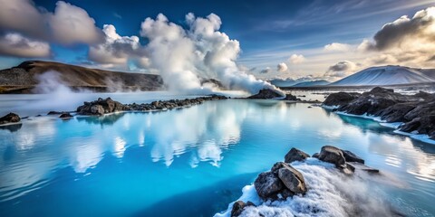 Fototapeta premium Tranquil Minimalist Scene of the Blue Lagoon's Pristine White Waters Surrounded by Natural Beauty in Iceland's Unique Landscape, Perfect for Relaxation and Serenity Themes
