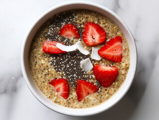 Fototapeta premium Healthy Amaranth Porridge Topped with Fresh Fruits and Nuts, High-Protein Gluten-Free Superfood in a White Bowl on Marble Background