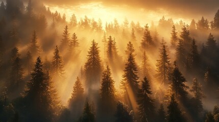Sunbeams Piercing Through Misty Pine Forest at Dawn