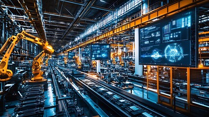 Fototapeta premium Automated robotic arm working on an assembly line in a modern factory.