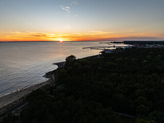 Hel beach in Poland. Sunset at sea and bay, Poland.Hel city. Aerial view of Hel Peninsula in...