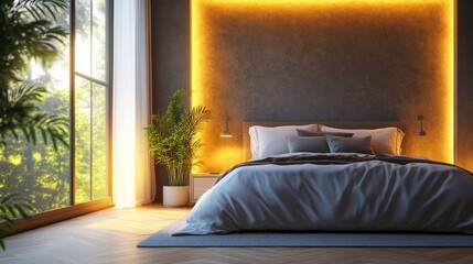 Fototapeta premium A modern bedroom with a large window, a bed with white bedding, and a wall with warm yellow LED lights.