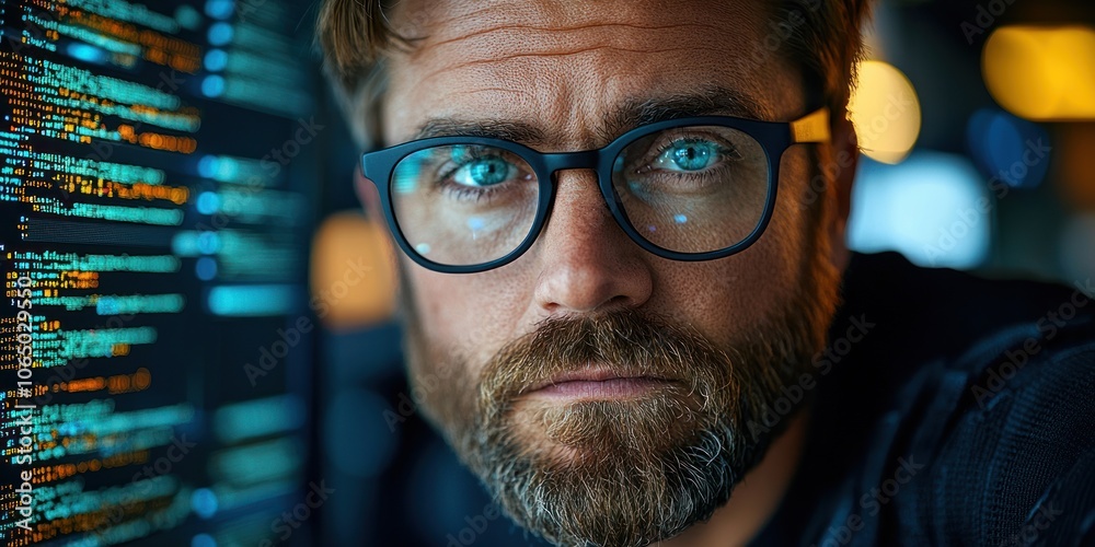 Poster Close-up of a Man's Face with a Beard and Glasses Looking at a Computer Screen with Code Reflected in His Glasses