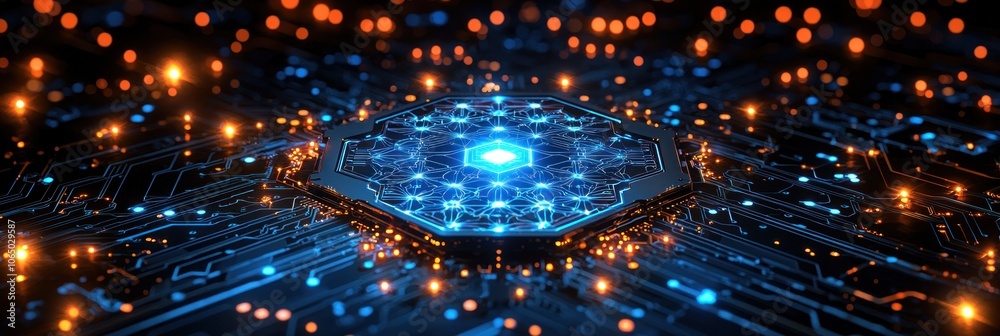 Poster glowing blue circuit board with hexagon pattern and orange lights