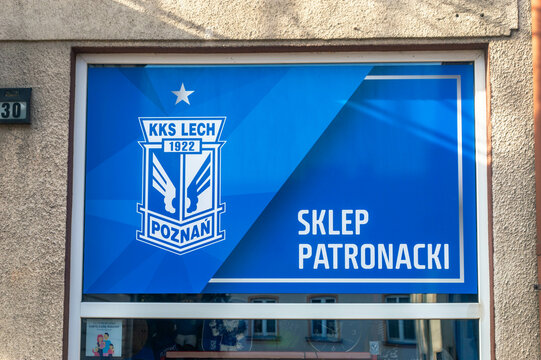 Pniewy, Poland - October 19, 2024: Patron shop of KKS Lech Poznan fan store.