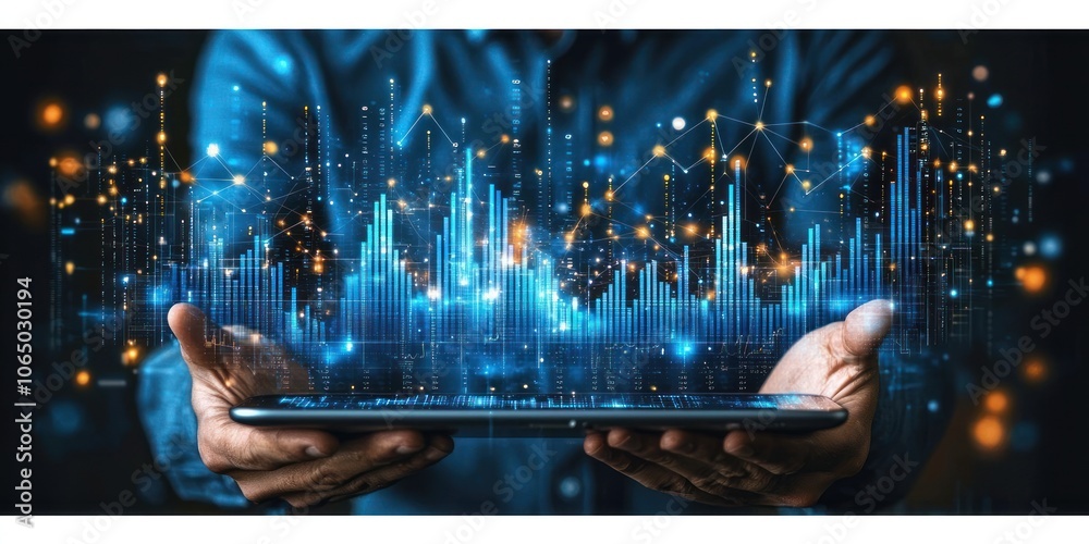 Poster person holding a tablet with digital data visualization