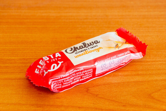 Pruszcz Gdanski, Poland - November 2, 2024: Fiesta Fun and Joy vanilla-flavored halva.