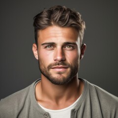 Determined Man with Engaging Expression Set Against a Lively Studio Backdrop