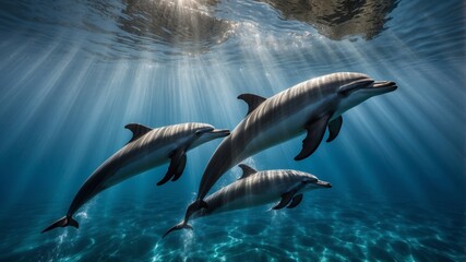 Fototapeta premium Three dolphins in the depths of the sea in the sun