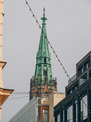 The spire of the Old Riga Evangelical Lutheran Church of St. Gertrude in the center of Riga