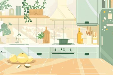 Fototapeta premium Modern kitchen with citrus and herb décor in pastel tones