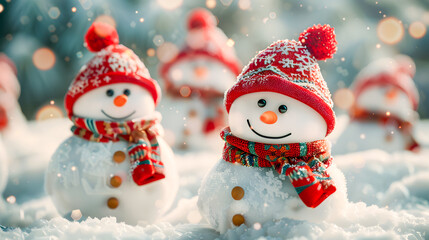 Fototapeta premium A cheerful snowman in a snowy landscape, wearing a hat and scarf, surrounded by snowflakes and decorated trees, perfect for a festive holiday greeting card