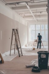 Interior renovation in progress with painting supplies, ladders, and protective coverings, highlighting preparation and transformation in commercial or residential spaces.