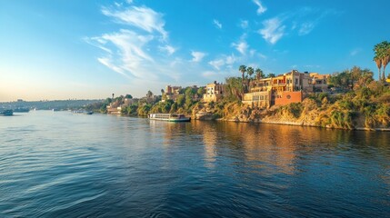 Fototapeta premium A picturesque view of the Nile River in Egypt, with traditional houses lining the banks, palm trees, and a serene blue sky.