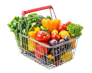 Fresh vegetables and fruits in shopping basket, including bell peppers, tomatoes, and leafy greens, showcasing vibrant colors and healthy choices