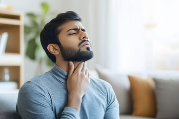 Young man suffering from a sore throat at home