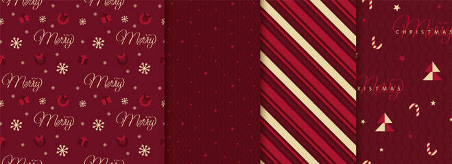 Set of Holiday, Christmas, New Year dark red seamless pattern with christmas trees, snowflakes, stars. Loopable design for wrapping paper, textile, background, banner