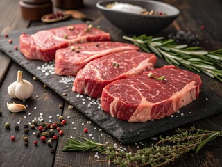 Fototapeta premium Perfekte Steaks auf Steinplatte mit aromatischen Gewürzen – ein Traum für Fleischliebhaber