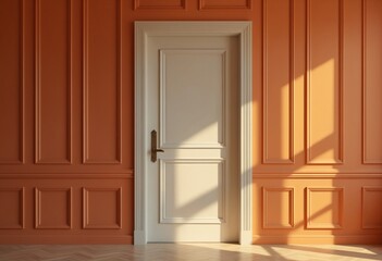 A classic interior door set in a paneled wall against a warm-toned background