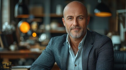 Fototapeta premium a bald european businessman in a suit sitting in his office