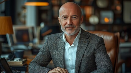 Fototapeta premium a bald european businessman in a suit sitting in his office