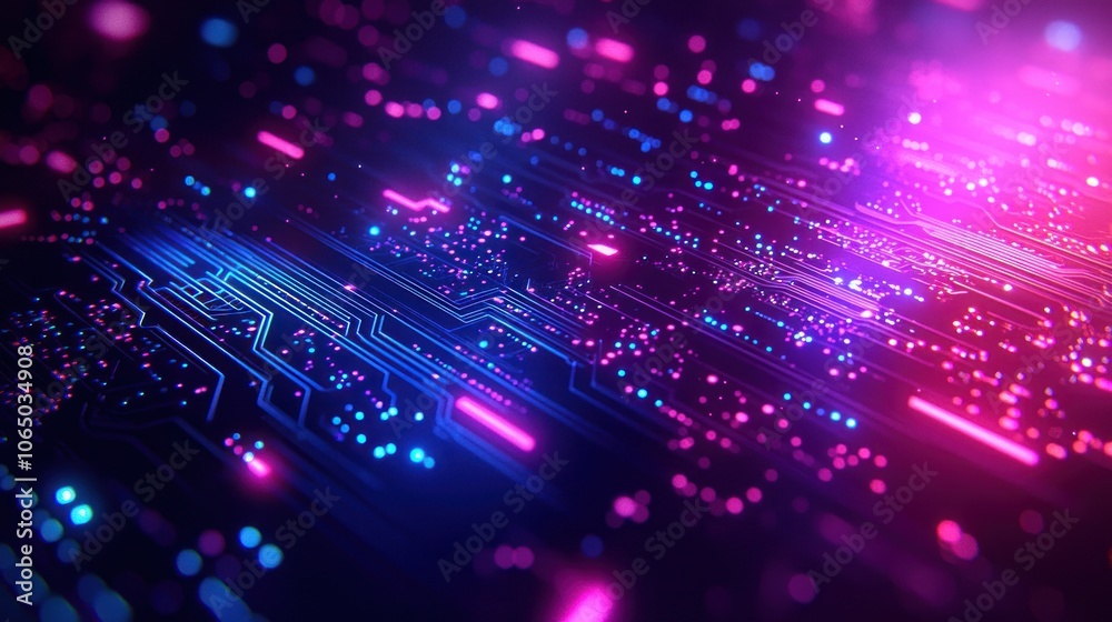 Poster abstract circuit board with glowing pink and blue lines