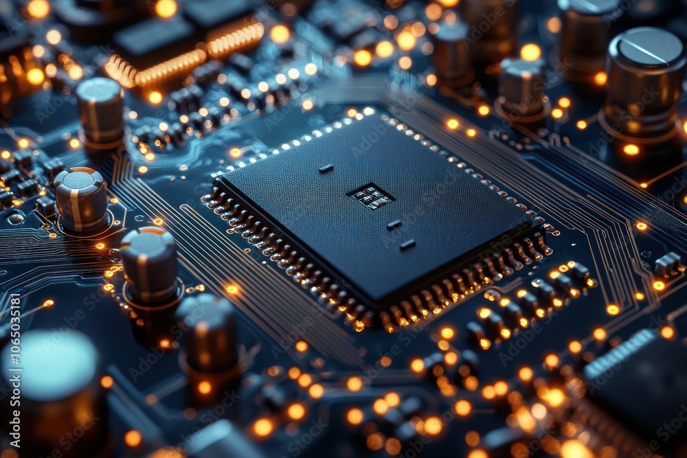 Poster Close-up of a Circuit Board with a Microchip and Glowing Components