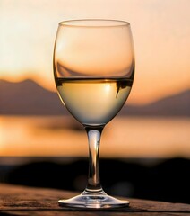 Obraz premium A blurry sunset landscape is the backdrop for a glass of white wine.