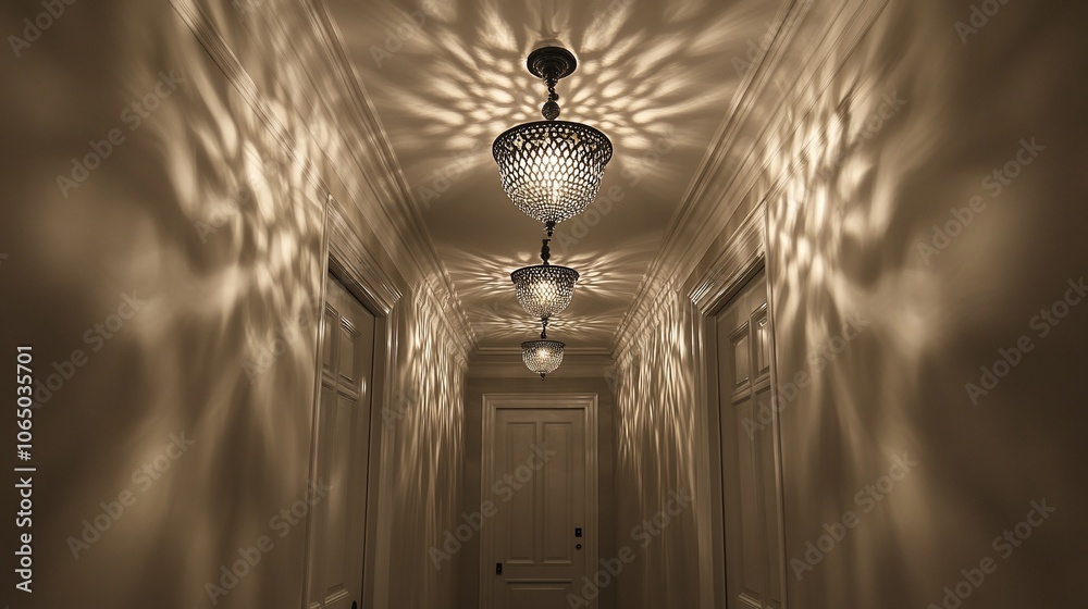 Poster a long hallway with three crystal chandeliers casting intricate shadows on the walls.