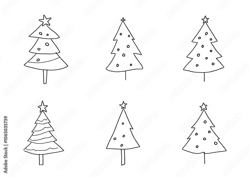 Aufkleber Set of Christmas tree illustrations in a minimalist style created with line doodles drawn and designed as a vector image for various uses