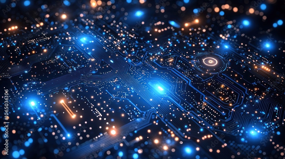 Poster illuminated circuit board with blue and orange lights