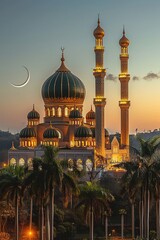 Fototapeta premium A majestic mosque at sunset, featuring domes and minarets, with a crescent moon above.