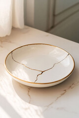 Elegant cracked plate with sunlight shadows