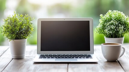 Fototapeta premium Laptop Coffee Plants Wooden Table Work From Home Office