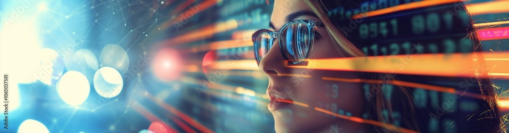Poster in a futuristic digital setting, a woman in glasses is surrounded by glowing data streams, reflectin