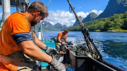 Fototapeta premium Crew organizing efficient fish haul, energy-efficient strategies, sustainable fishing practices