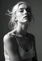Naklejka premium Black and white portrait of a young, fair-skinned woman with long, wavy blonde hair. She has a serious and pensive expression on her face and appears to be in her mid to late 20s.
