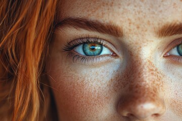Fototapeta premium Close-up of a Woman's Freckled Face with Blue Eyes and Red Hair