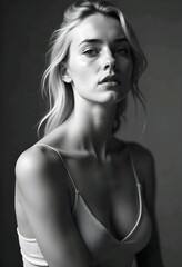 Naklejka premium Black and white portrait of a young, fair-skinned woman with long, wavy blonde hair. She has a serious and pensive expression on her face and appears to be in her mid to late 20s.