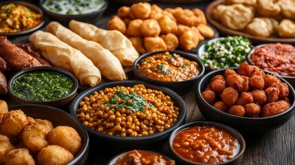 A spread of Indian food with various dishes, including curries, breads, and snacks.